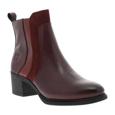 Boots bordeaux à talon décroché bas avec un zip et logo gravé
