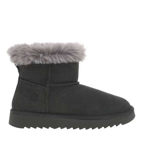 Boots en cuir grises à talon plat avec logo de la marque embossé - Image 2