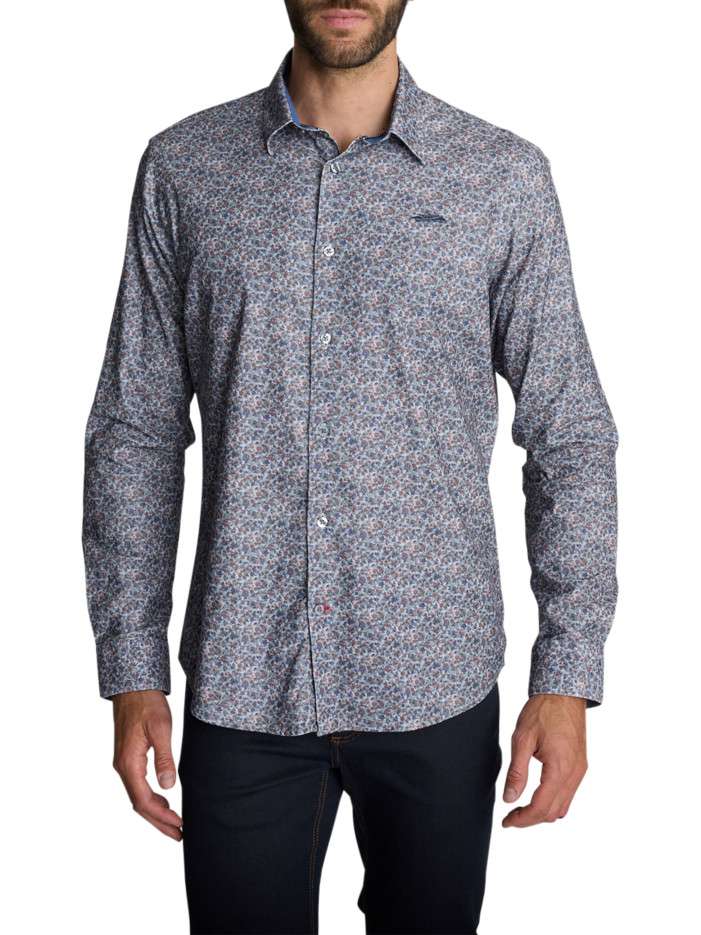 Chemise en coton bleu à motifs fleuris pourvu d'un col à revers à coupe droite