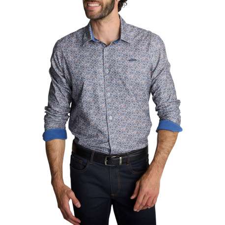 Chemise en coton bleu à motifs fleuris pourvu d'un col à revers à coupe droite - Image 3