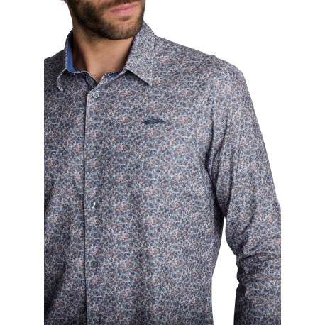 Chemise en coton bleu à motifs fleuris pourvu d'un col à revers à coupe droite - Image 4