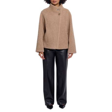 Manteau beige à coupe droite pourvu d'un col montant et de manches longues - Image 4