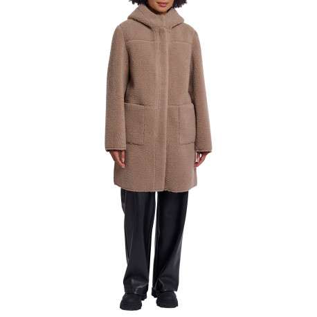 Manteau réversible taupe à coupe droite pourvu d'un col à capuche