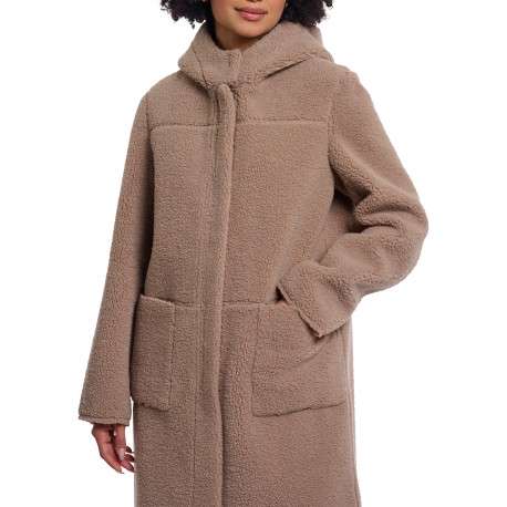 Manteau réversible taupe à coupe droite pourvu d'un col à capuche - Image 3