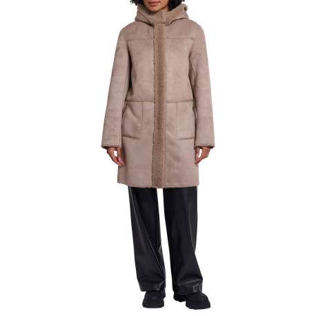 Manteau réversible taupe à coupe droite pourvu d'un col à capuche - Image 5