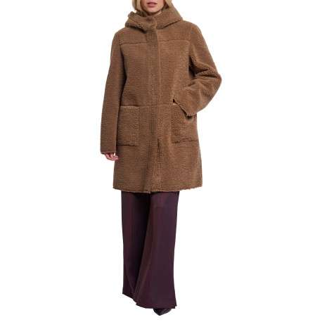 Manteau réversible brun à coupe droite pourvu d'un col à capuche
