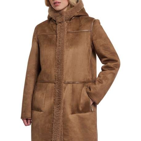 Manteau réversible brun à coupe droite pourvu d'un col à capuche - Image 3