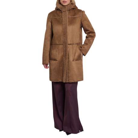 Manteau réversible brun à coupe droite pourvu d'un col à capuche - Image 6
