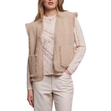 Gilet sans manche beige à coupe droite pourvu de poches à l'avant
