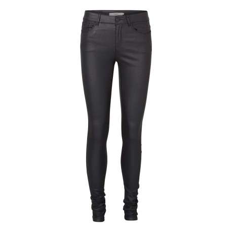 Pantalon noir satiné avec une coupe skinny à fermeture zippée boutonnée